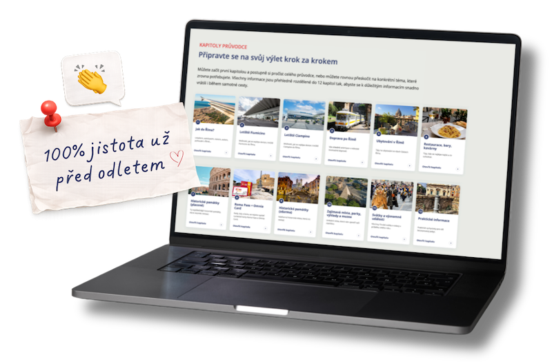 Online průvodce po Římě s přehledem kapitol na notebooku.