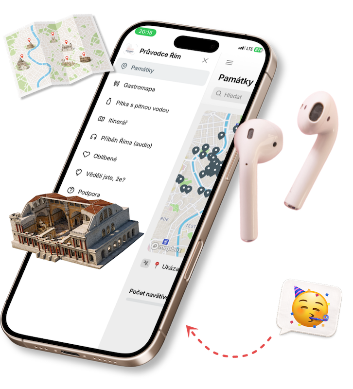 Aplikace Průvodce Řím v telefonu s mapou, audiem a vizualizacemi.