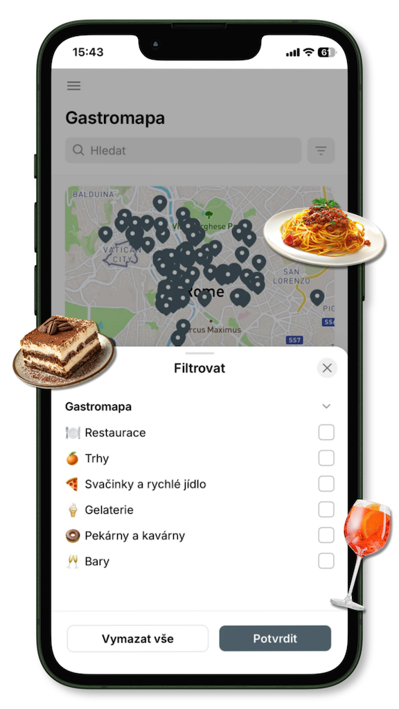 Gastromapa Říma v mobilní aplikaci s filtry restaurací, trhů, gelaterií, kaváren a barů
