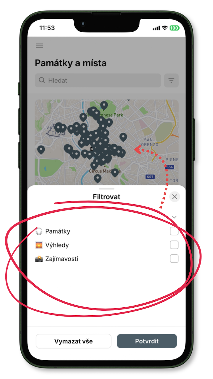 Filtr památek, vyhlídek a zajímavostí v mapě mobilní aplikace Průvodce Řím