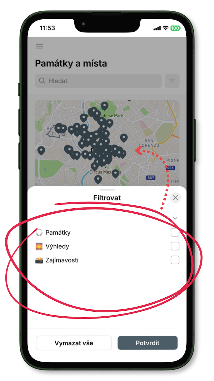 Celý telefon s mapou a filtrem Výhledy v aplikaci Průvodce Řím.