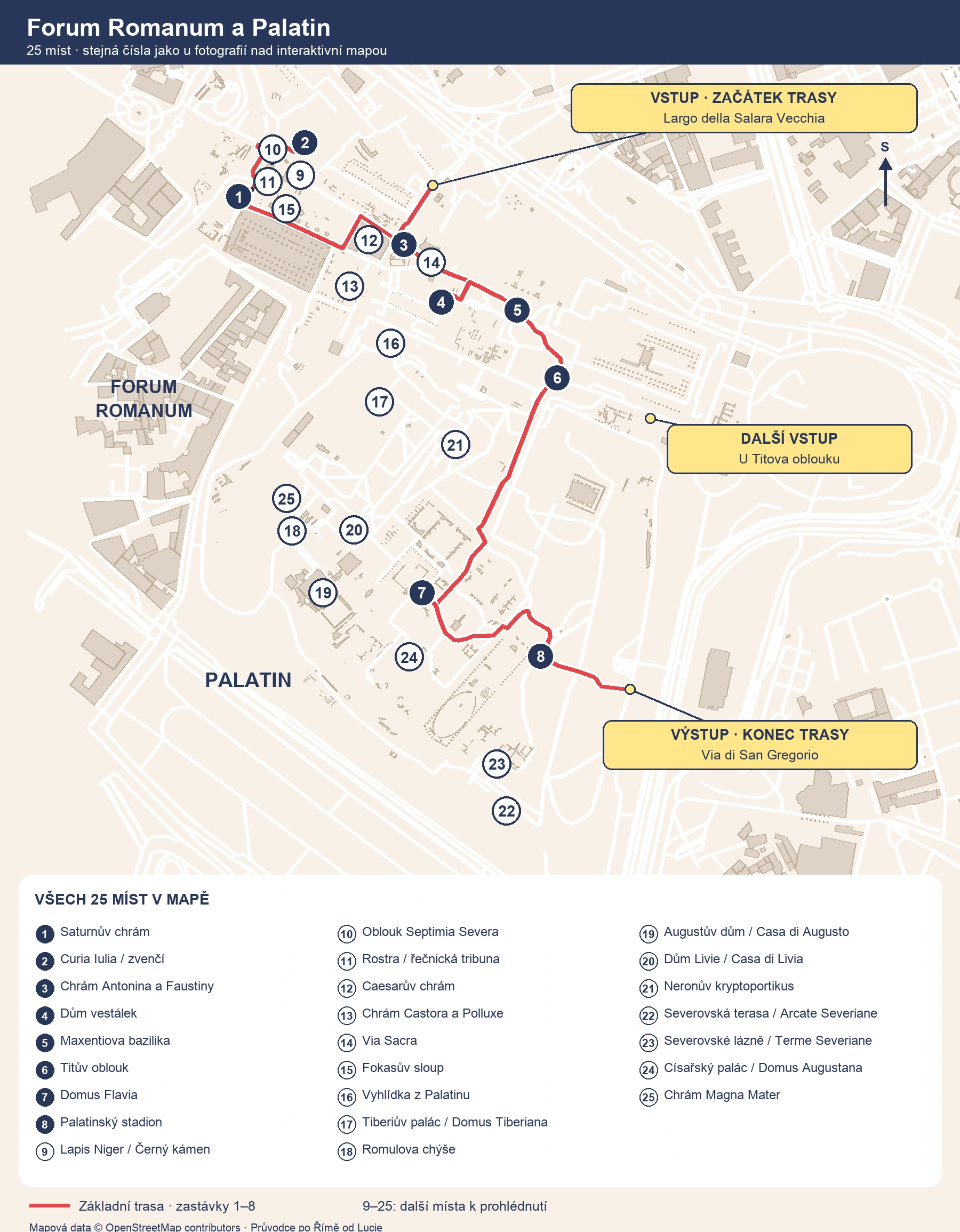 Forum Romanum a Palatin – mapa 25 míst, trasy a vstupů Forum Romanum a Palatin v Římě – přehledová mapa všech 25 očíslovaných míst, základní trasy, vstupů a výstupu