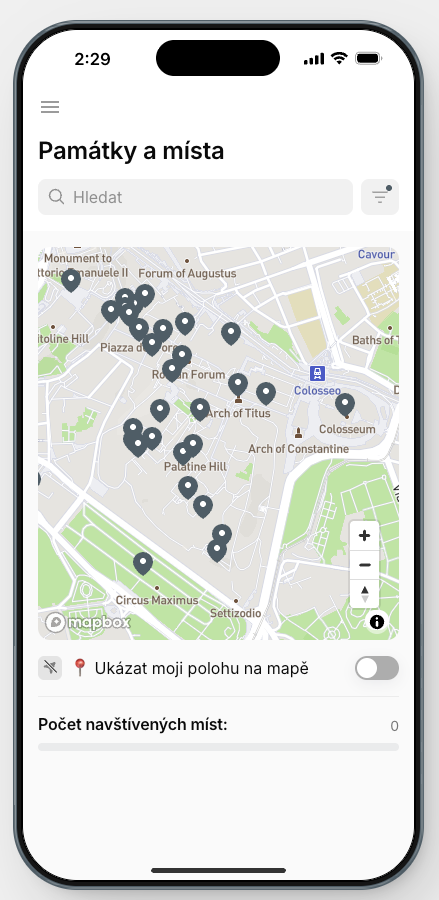 Řím: Forum Romanum a Palatin – mapa památek v aplikaci Mapa Fora Romana a Palatinu v Římě s památkami v aplikaci Průvodce po Římě