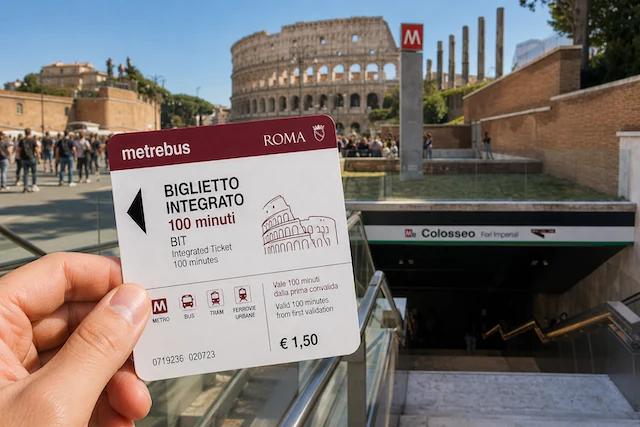 Papírová jízdenka BIT na 100 minut za 1,50 € u stanice metra Colosseo
