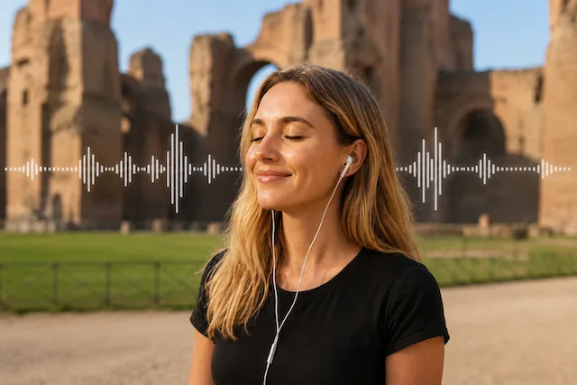 Poslech audio příběhů z průvodce po Římě v mobilní aplikaci