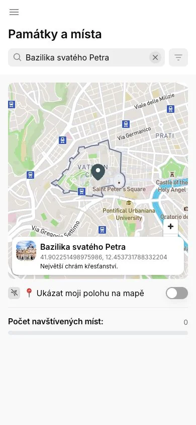 Vatikán v aplikaci – mapa a bazilika svatého Petra Mapa památek Vatikánu v aplikaci Průvodce po Římě s detailem baziliky svatého Petra.