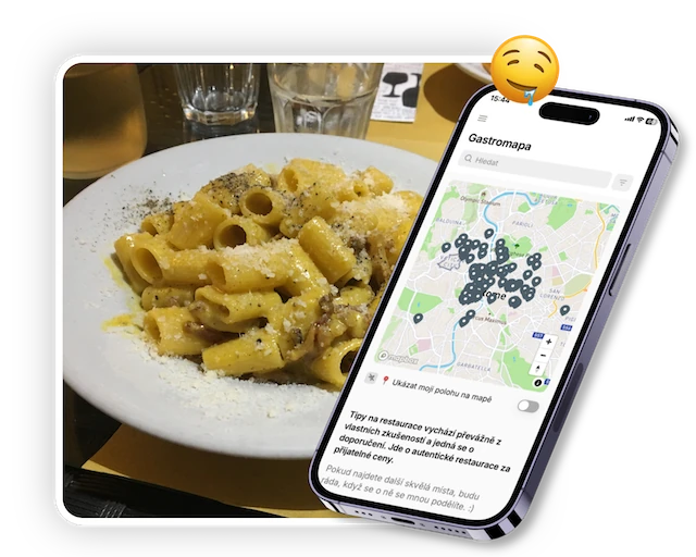 Gastromapa Říma v aplikaci vedle talíře těstovin