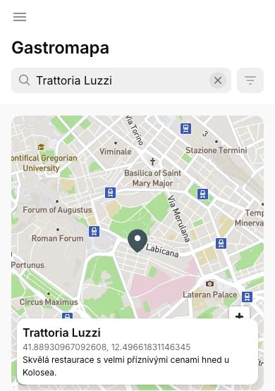 Gastromapa Říma v aplikaci průvodce