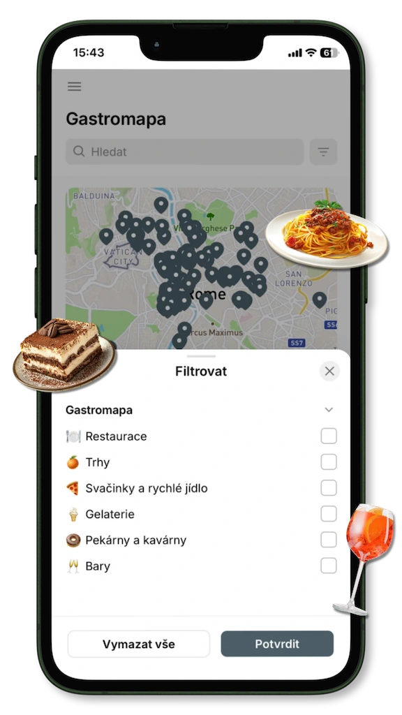 Gastromapa Říma v telefonu s mapou restaurací, kaváren, gelaterií a barů