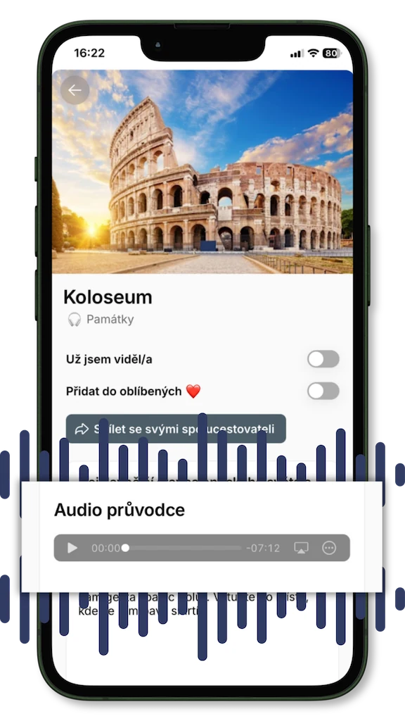 Ukázka českého audio průvodce ke Koloseu v aplikaci Průvodce Řím